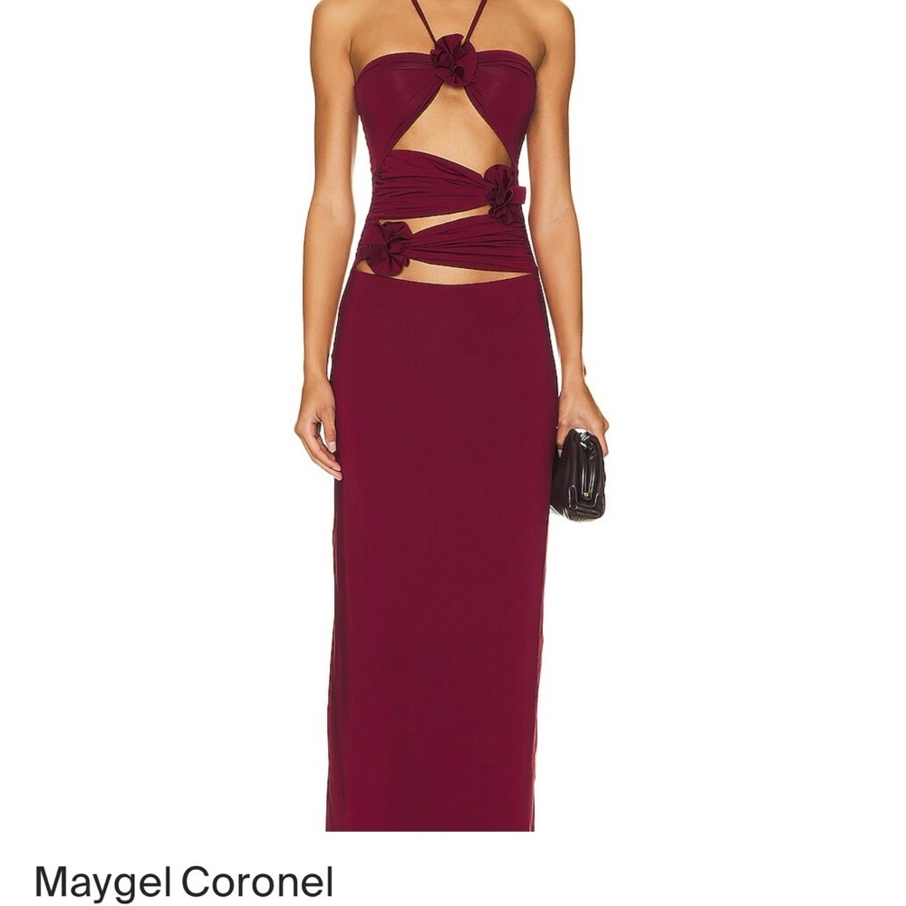 Strapless Burgundy Maxi Dress with Rosette Accents